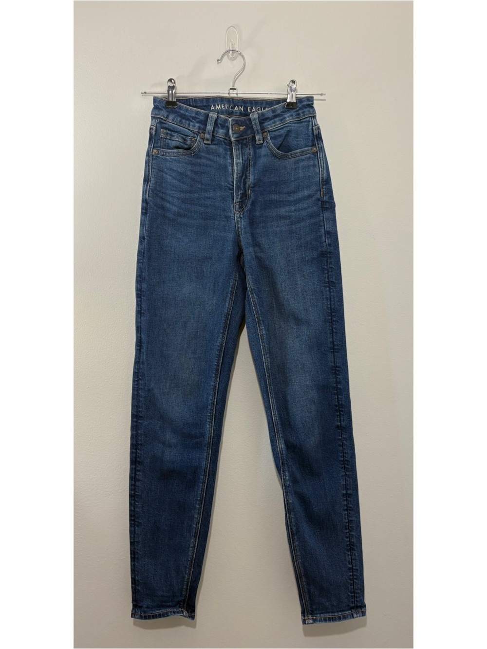 American Eagle “Mom Jean” dark wash high-rise denim (size 00 long)